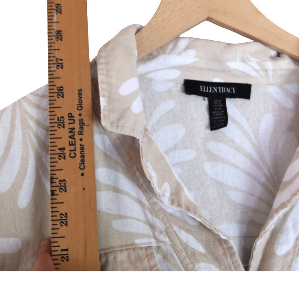 Ellen Tracy Linen Blend Top M Leaf Print Coastal Resort Blouse - Picture 4 of 8